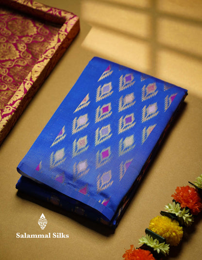 Beautiful Royal Blue Ikkat Semi Silk Fancy Saree With Vadamalli Blouse