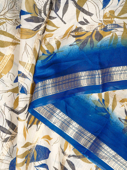 Semi Crepe Silk Saree - Half White Colour Body With Contrast Black Fancy Border