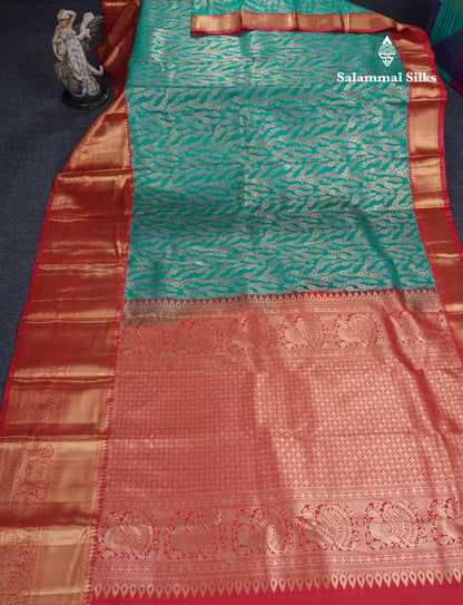 Peacock Green Semi Silk Saree With Contrast Chilly Red Traditional Evening Morning Border