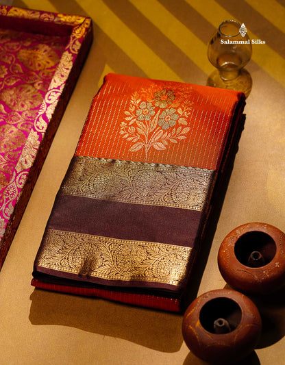 Beautiful Rust Orange Zari Line With Butta Semi Silk Saree With Contrast Dark Brown Traditional Gap Border
