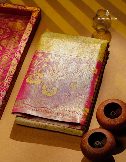 Beautiful Lemon Yellow Tissue Semi Silk Saree With Contrast Pink Fancy Border