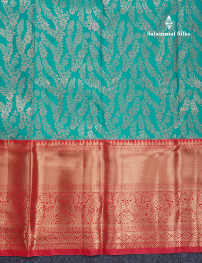 Peacock Green Semi Silk Saree With Contrast Chilly Red Traditional Evening Morning Border