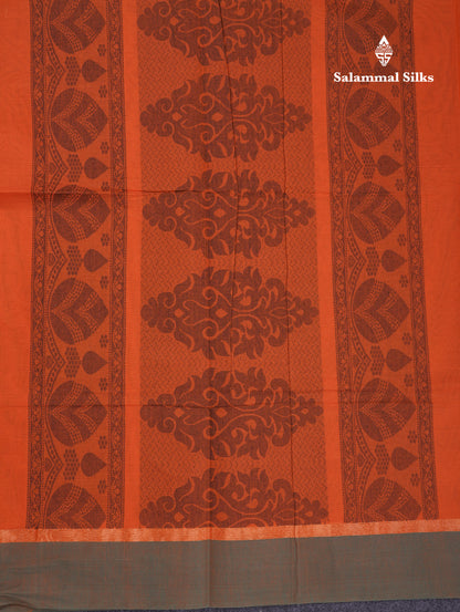 Beautiful Rust Orange Thread Work Buttas Pure Cotton Saree With Contrast Dual Tone Green Border