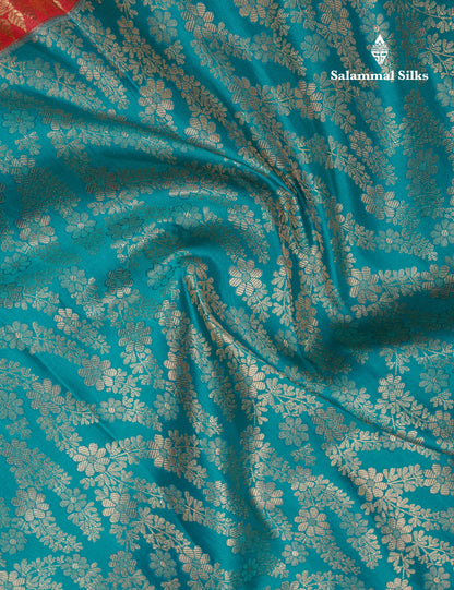 Peacock Green Semi Silk Saree With Contrast Chilly Red Traditional Evening Morning Border