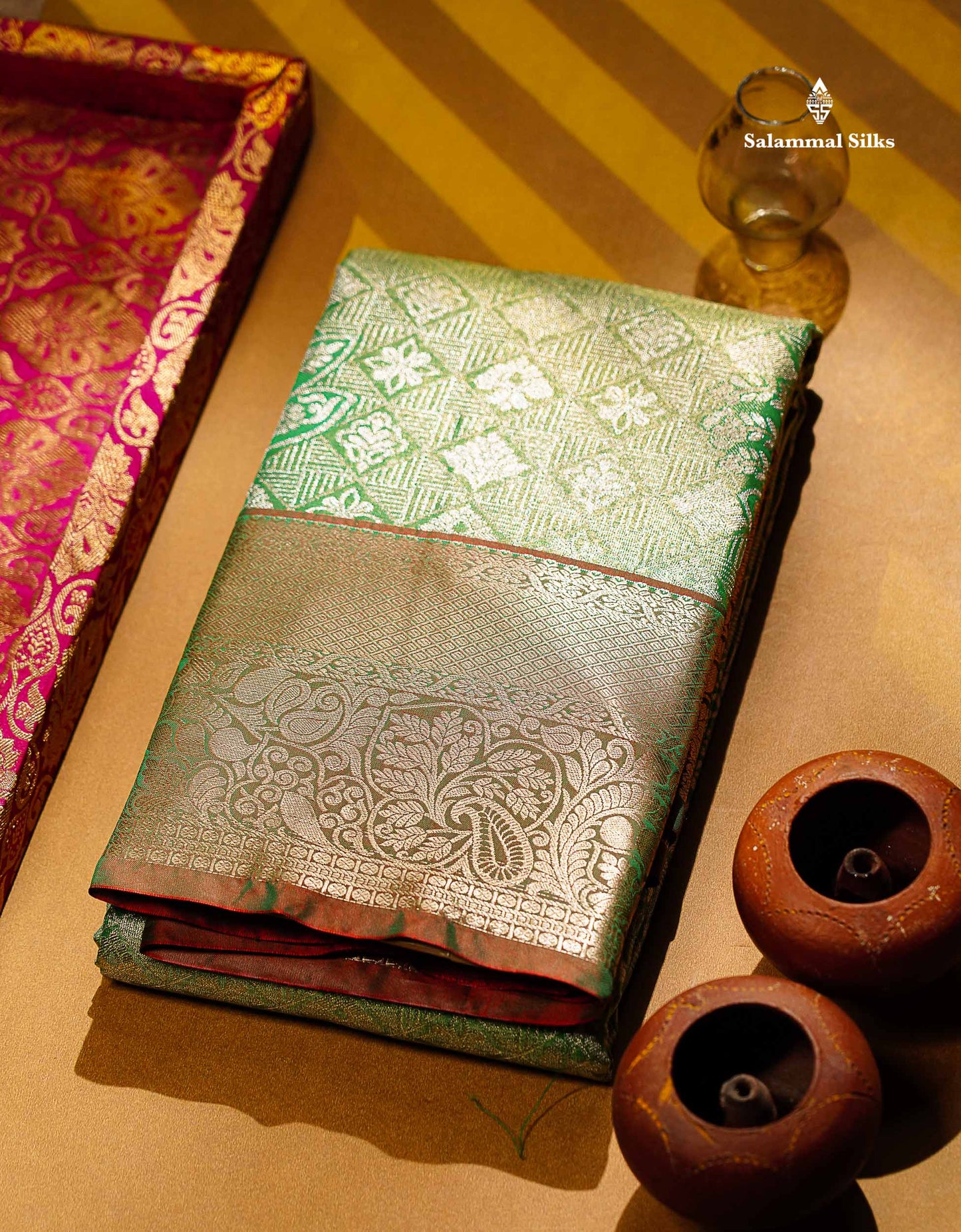 Beautiful Light Green Tissue Bridal Semi Silk Saree With Contrast Dual Tone Maroon Traditional Border