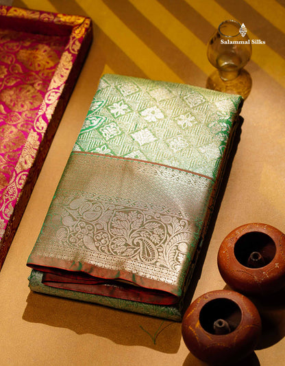 Beautiful Light Green Tissue Bridal Semi Silk Saree With Contrast Dual Tone Maroon Traditional Border