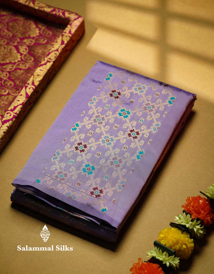 Beautiful Lavender Ikkat And Buttas Semi Silk Fancy Saree With Violet Blouse