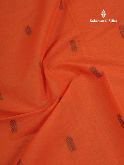 Beautiful Rust Orange Thread Work Buttas Pure Cotton Saree With Contrast Dual Tone Green Border