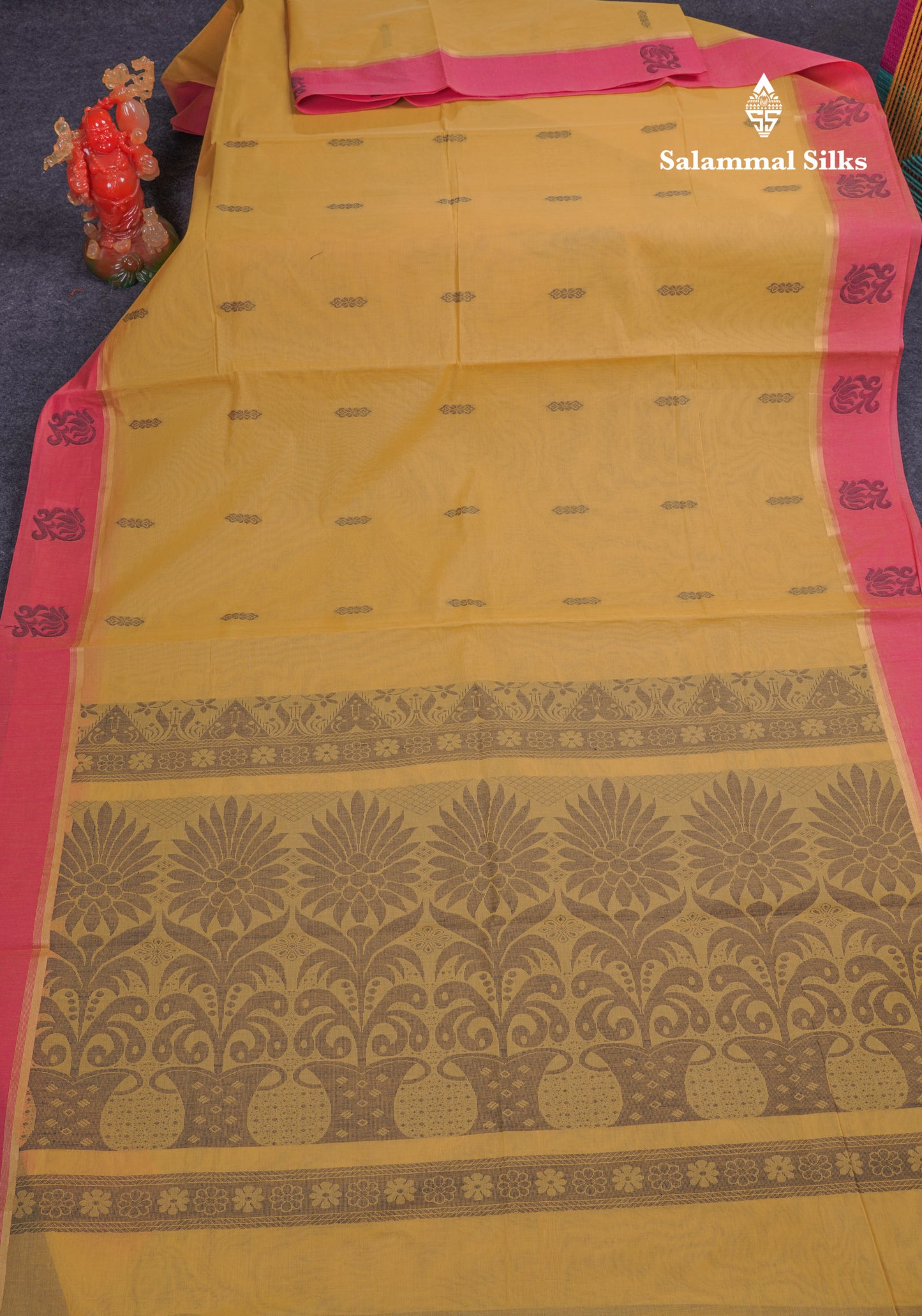 Beautiful Yellow Thread Work Buttas Pure Cotton Saree With Contrast Magenta Pink Border