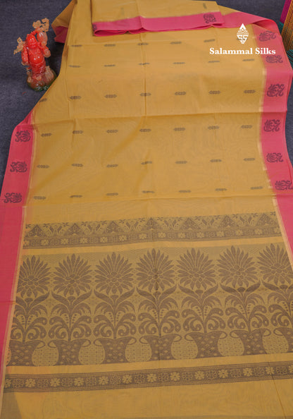 Beautiful Yellow Thread Work Buttas Pure Cotton Saree With Contrast Magenta Pink Border