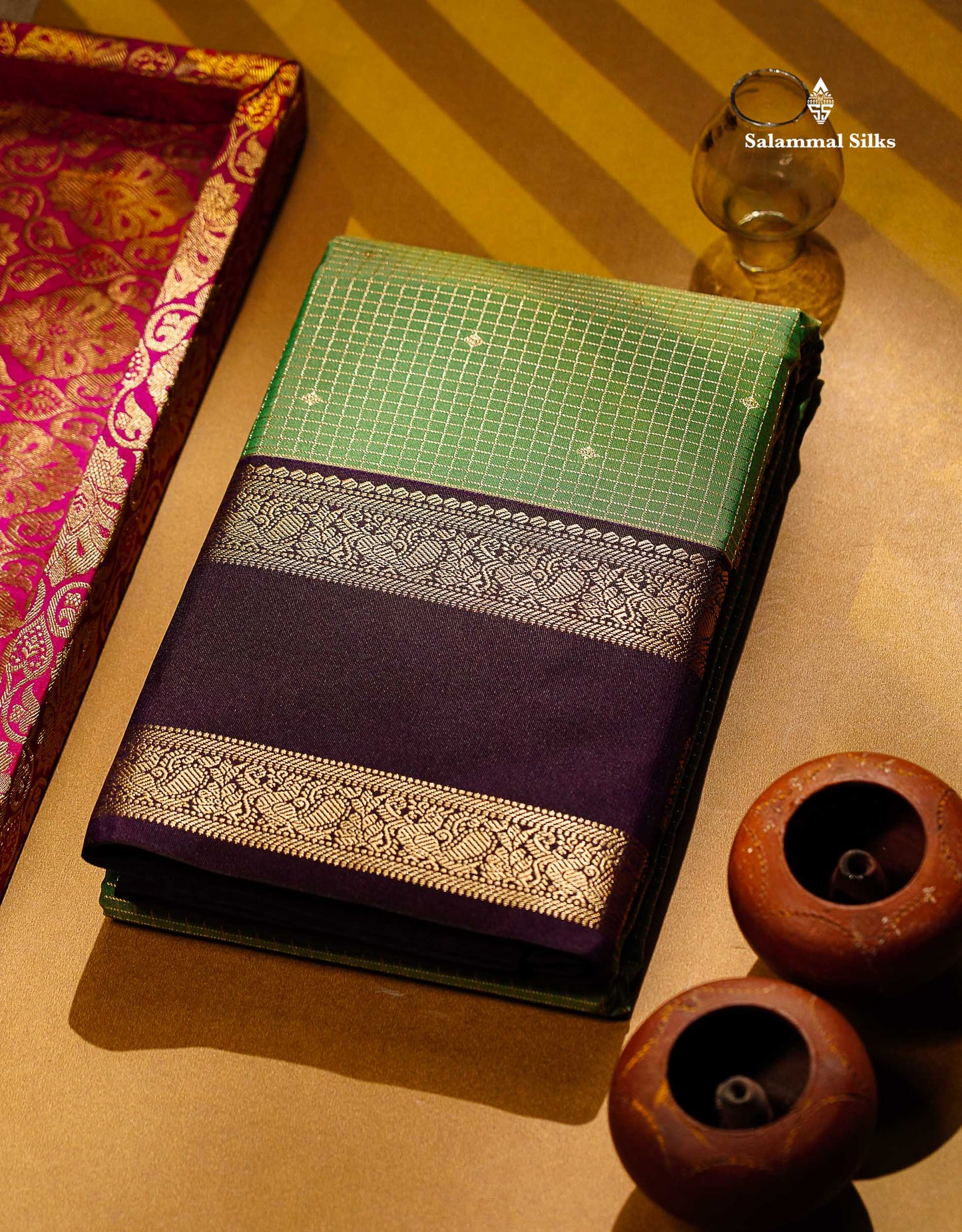 Semi Silk Saree - Dual Tone Light Olive Green Butta With Small Checks Along With Contrast Dark Purple Traditional Gap Border