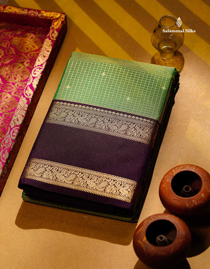 Semi Silk Saree - Dual Tone Light Olive Green Butta With Small Checks Along With Contrast Dark Purple Traditional Gap Border