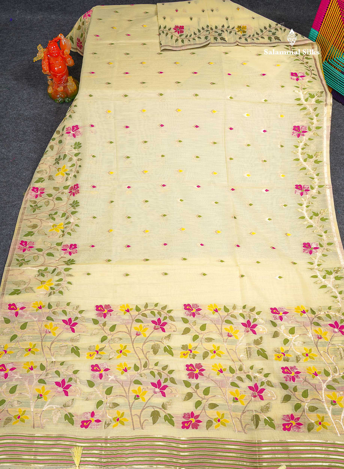 Cotton Mix Saree - Cream Colour Body Meenakari Work With Fancy Border