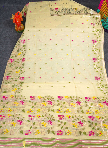 Cotton Mix Saree - Cream Colour Body Meenakari Work With Fancy Border