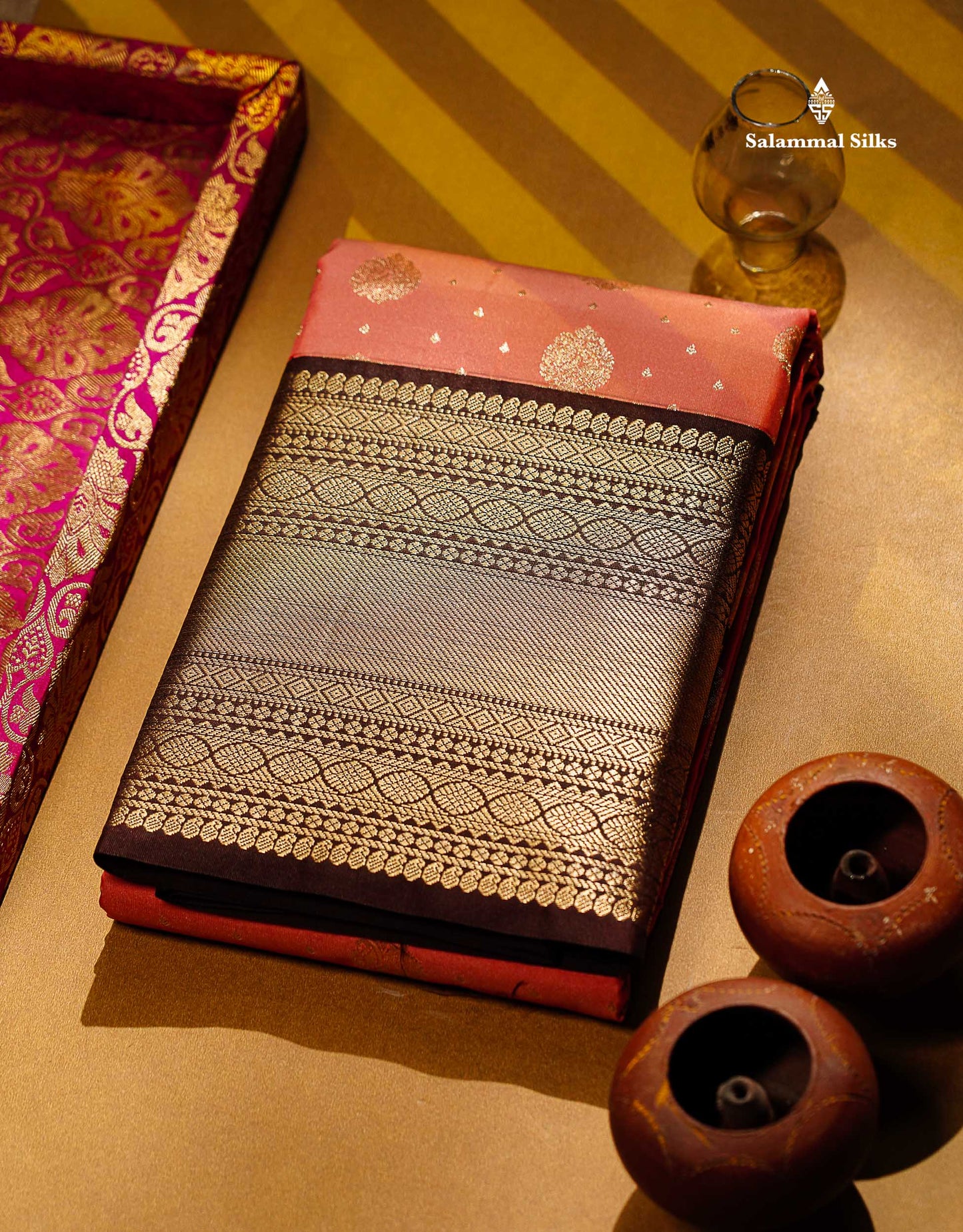 Semi Silk Saree - Peach Zari Butta Along With Contrast Dark Brown Traditional Evening Morning Border