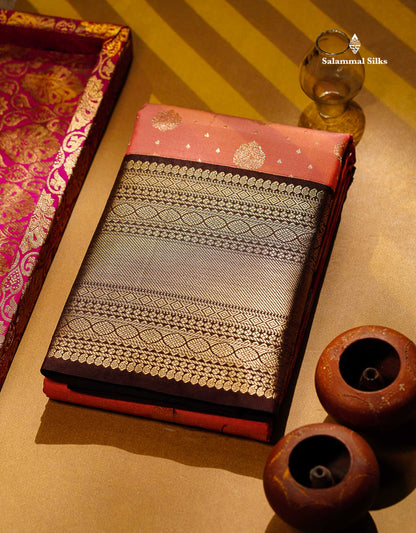 Semi Silk Saree - Peach Zari Butta Along With Contrast Dark Brown Traditional Evening Morning Border