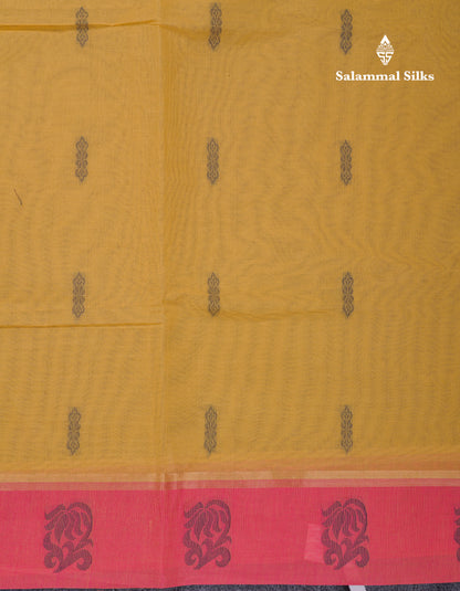 Beautiful Yellow Thread Work Buttas Pure Cotton Saree With Contrast Magenta Pink Border