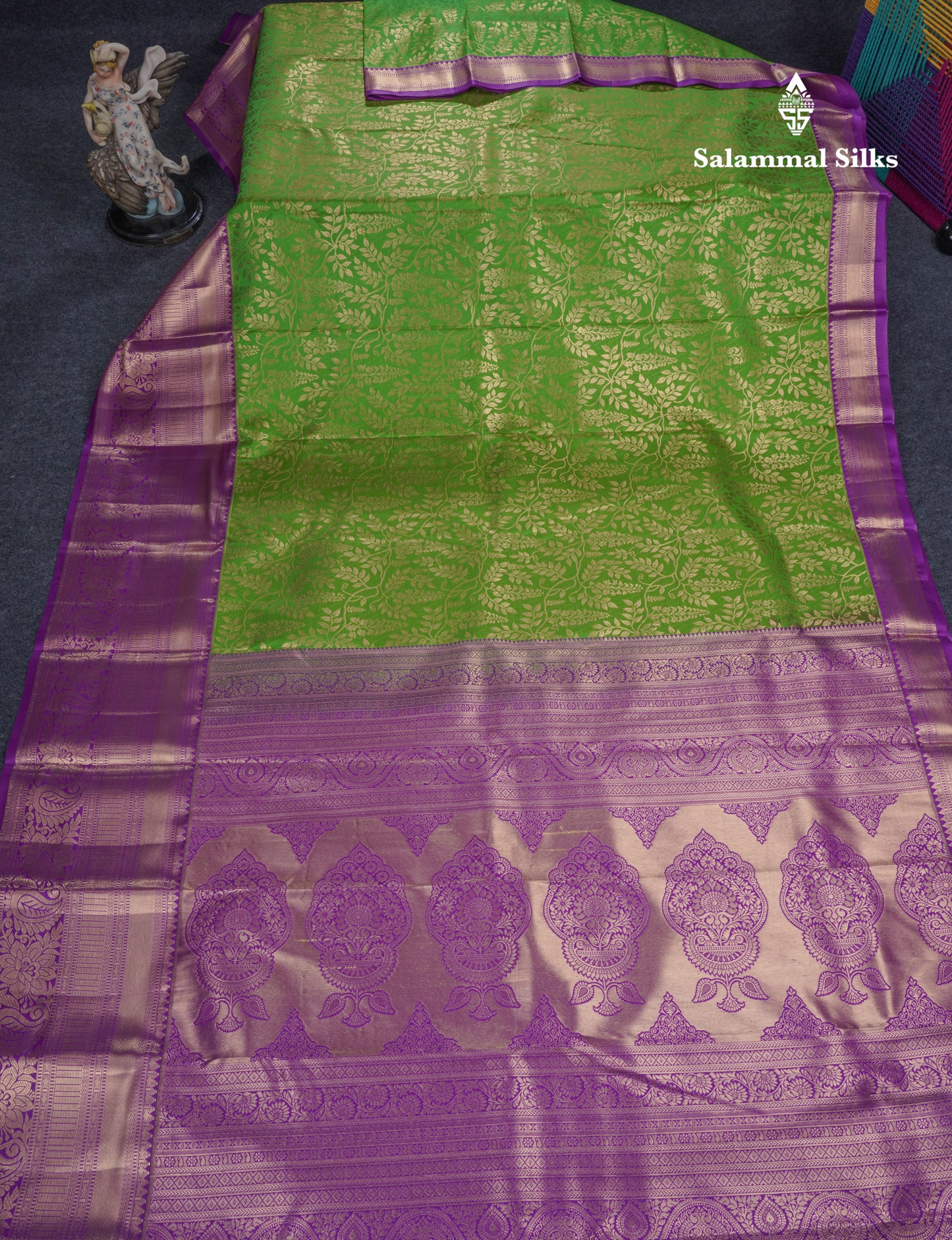 Green Semi Silk Saree With Contrast Violet Traditional Evening Morning Border