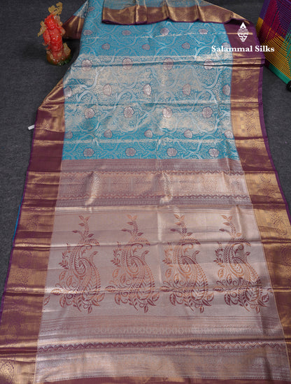 Beautiful Ramar Blue Tissue Semi Silk Saree With Contrast Dark Violet Traditional Border