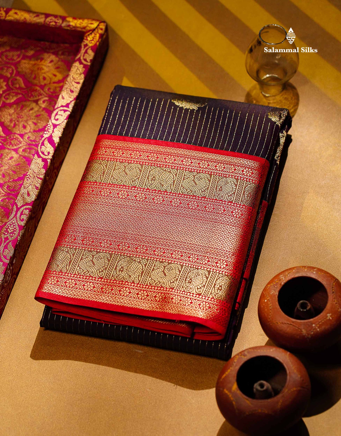 Semi Silk Saree -  Pista Green Zari Lines Butta With Contrast Redish Pink Traditional Evening Morning Border