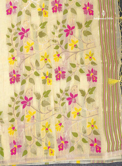 Cotton Mix Saree - Cream Colour Body Meenakari Work With Fancy Border