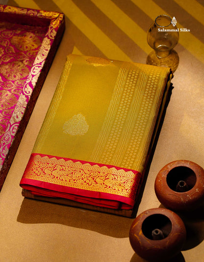 Semi Silk Saree - Manthulir Yellow With Contrast Chilly Red Traditional Small Border