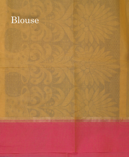 Beautiful Yellow Thread Work Buttas Pure Cotton Saree With Contrast Magenta Pink Border