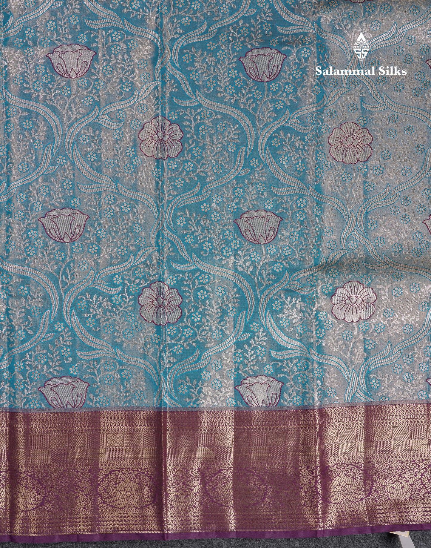Beautiful Ramar Blue Tissue Semi Silk Saree With Contrast Dark Violet Traditional Border