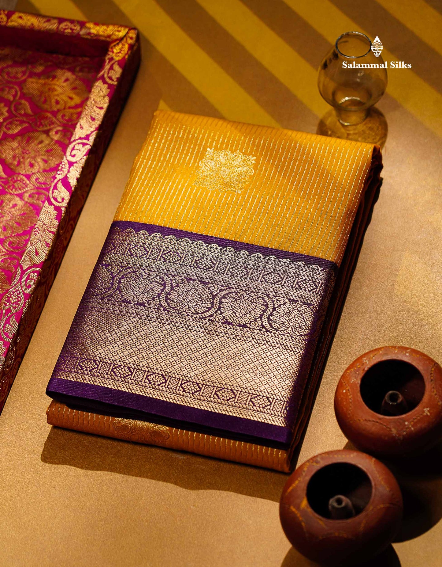 Semi Silk Saree - Mustard Yellow Butta With Lines Along With Contrast Dark Purple Border