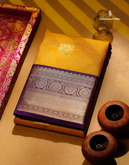 Semi Silk Saree - Mustard Yellow Butta With Lines Along With Contrast Dark Purple Border