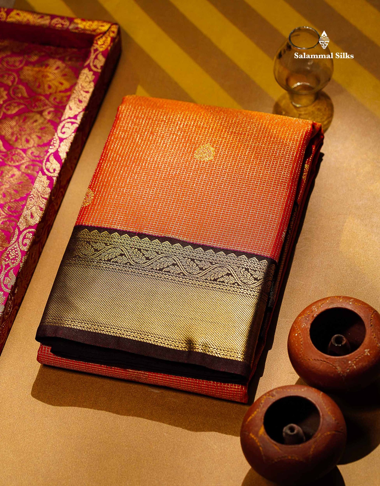 Semi Silk Saree - Orange Butta With Tiny Vaira Oosi Checks Along With Contrast Dark Brown Border