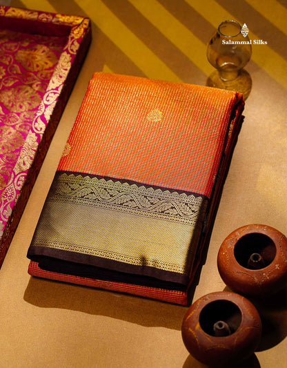 Semi Silk Saree - Orange Butta With Tiny Vaira Oosi Checks Along With Contrast Dark Brown Border