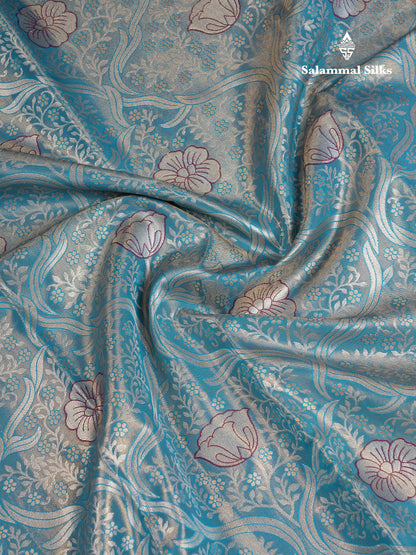 Beautiful Ramar Blue Tissue Semi Silk Saree With Contrast Dark Violet Traditional Border
