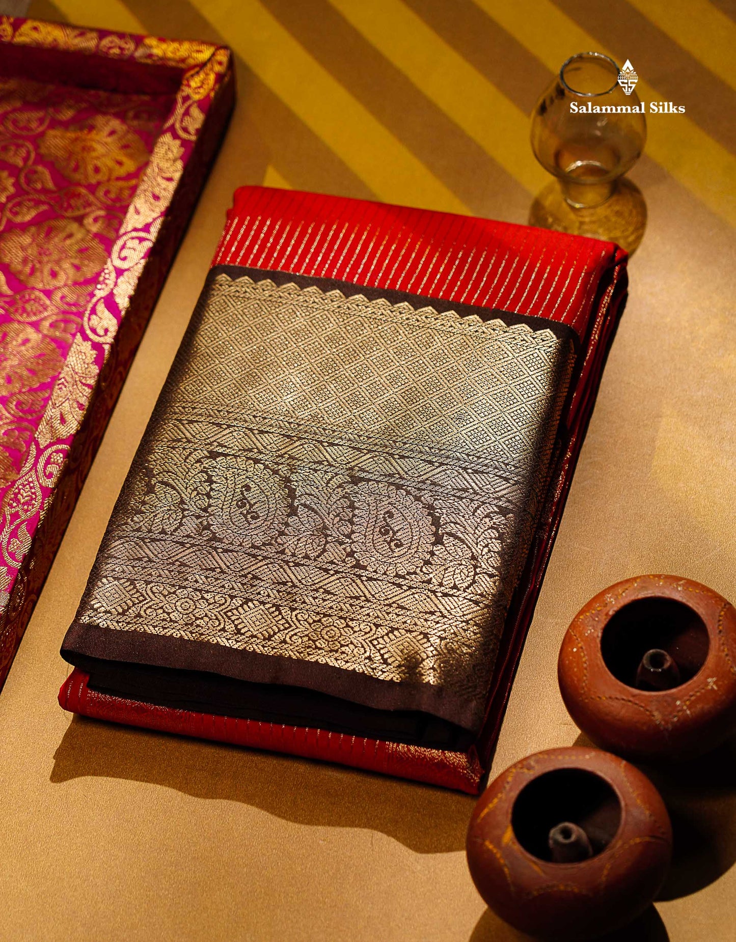 Semi Silk Saree - Dual Tone Red Zari Lines With Butta Contrast Dark Brown Traditional Evening Morning Border