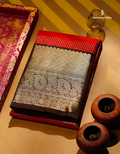 Semi Silk Saree - Dual Tone Red Zari Lines With Butta Contrast Dark Brown Traditional Evening Morning Border