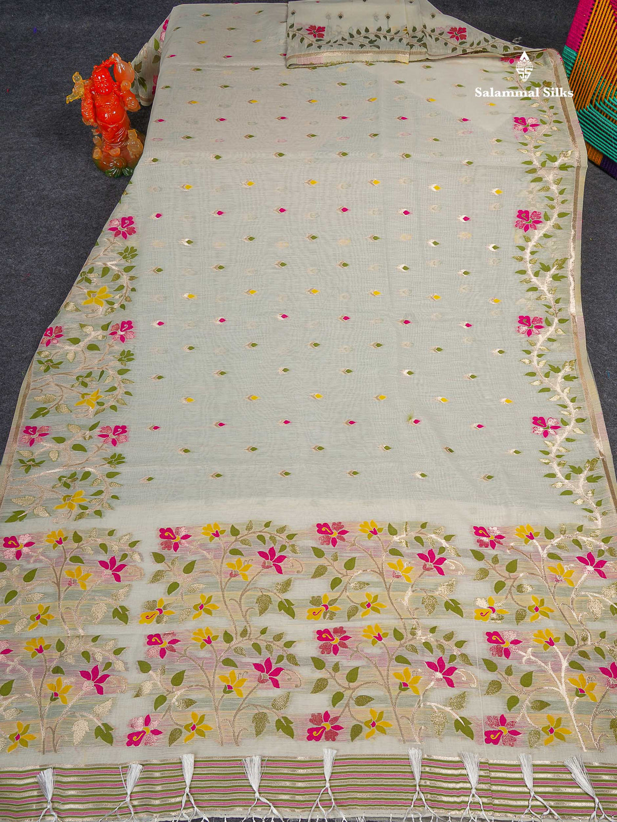 Cotton Mix Saree - White Colour Body Meenakari Work With Fancy Border