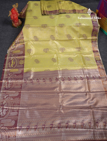 Beautiful Manthulir Yellow Tissue Semi Silk Saree With Contrast Magenta Fancy Evening Morning Border