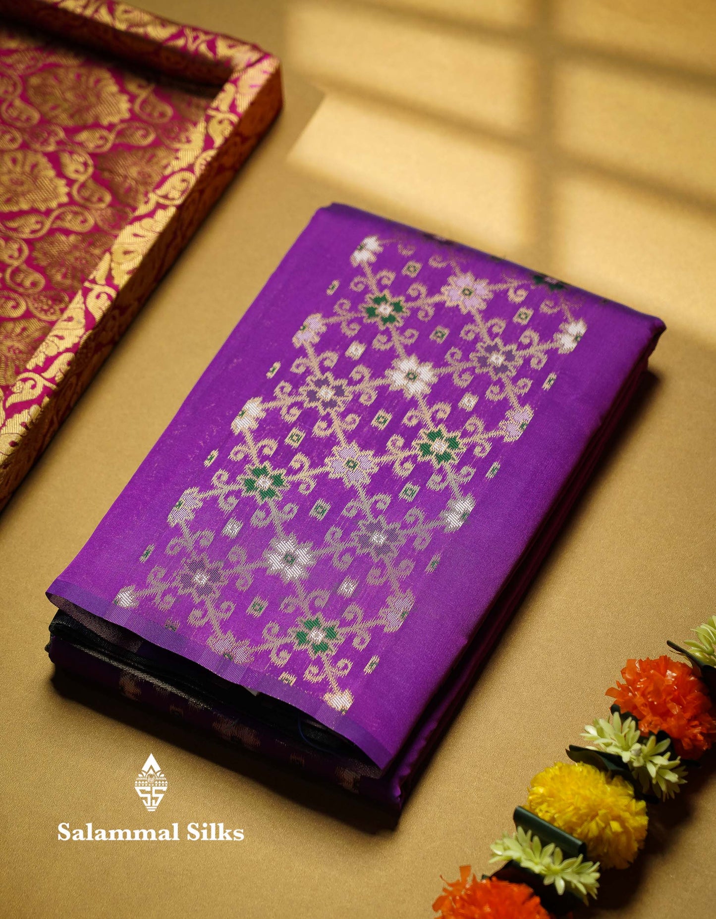 Beautiful Lavender Ikkat And Buttas Semi Silk Fancy Saree With Violet Blouse