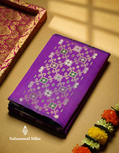 Beautiful Lavender Ikkat And Buttas Semi Silk Fancy Saree With Violet Blouse