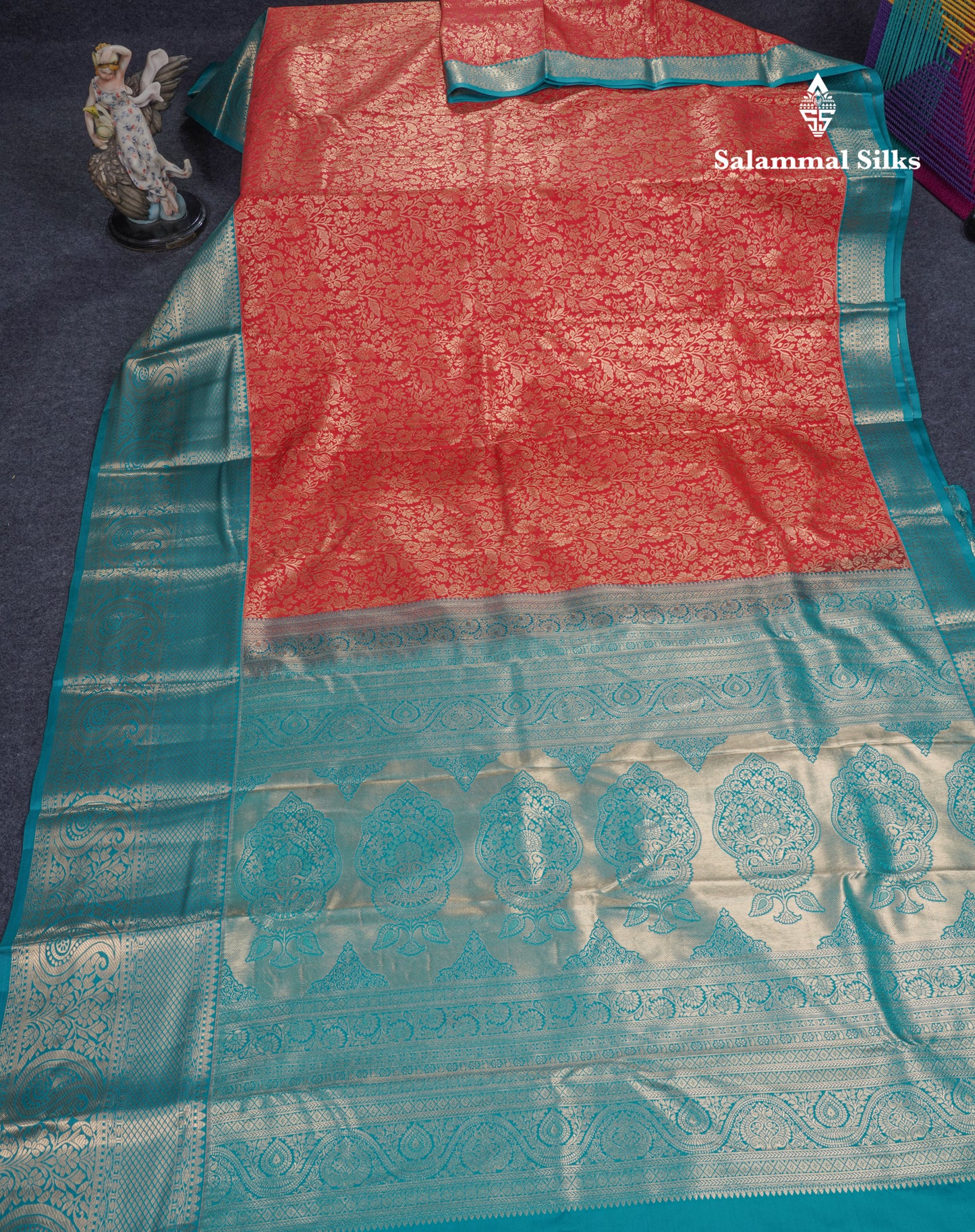 Chilly Red Beautiful Semi Silk Saree With Contrast Peacock Green Traditional Evening Morning Border