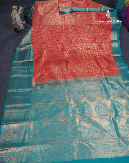 Chilly Red Beautiful Semi Silk Saree With Contrast Peacock Green Traditional Evening Morning Border