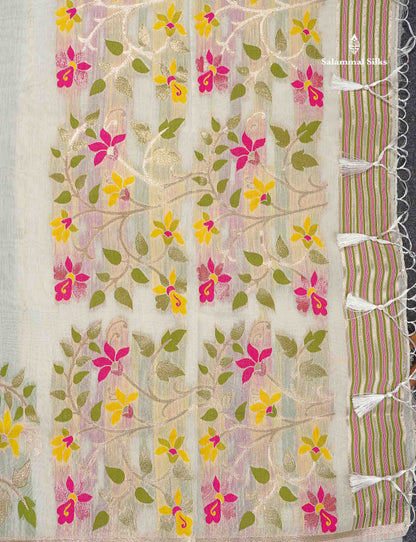 Cotton Mix Saree - Cream Colour Body Meenakari Work With Fancy Border