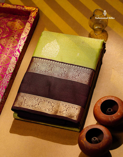 Semi Silk Saree - Pista Green Butta With Vaira Oosi Lines Along With Contrast Dark Brown Traditional Gap Border