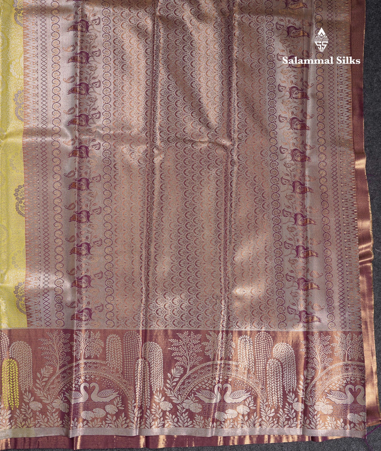 Beautiful Manthulir Yellow Tissue Semi Silk Saree With Contrast Magenta Fancy Evening Morning Border