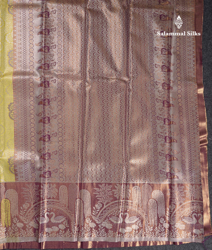 Beautiful Manthulir Yellow Tissue Semi Silk Saree With Contrast Magenta Fancy Evening Morning Border