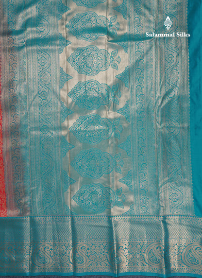 Chilly Red Beautiful Semi Silk Saree With Contrast Peacock Green Traditional Evening Morning Border