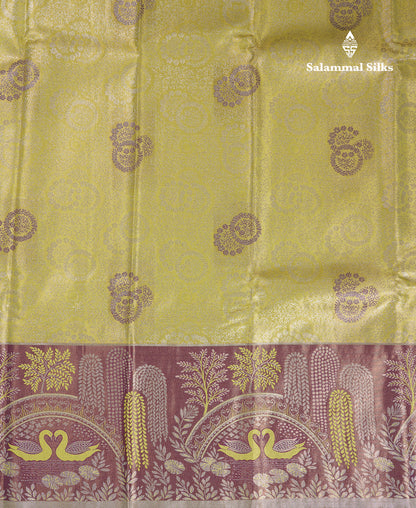 Beautiful Manthulir Yellow Tissue Semi Silk Saree With Contrast Magenta Fancy Evening Morning Border