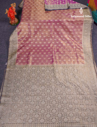 Beautiful Cream Pink Tissue Silk Mix Fancy Saree With Violet Border