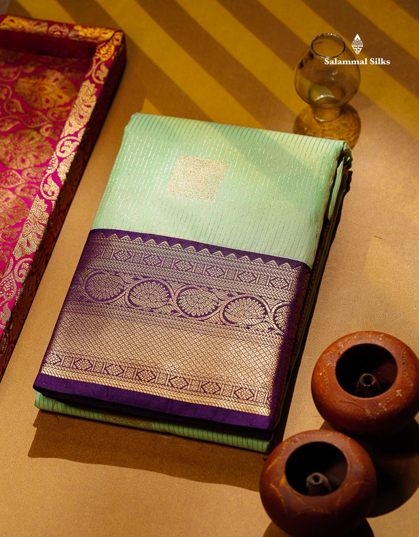 Semi Silk Saree - Rexona Green Butta With Lines Along With Contrast Dark Purple Traditional Border