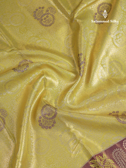 Beautiful Manthulir Yellow Tissue Semi Silk Saree With Contrast Magenta Fancy Evening Morning Border